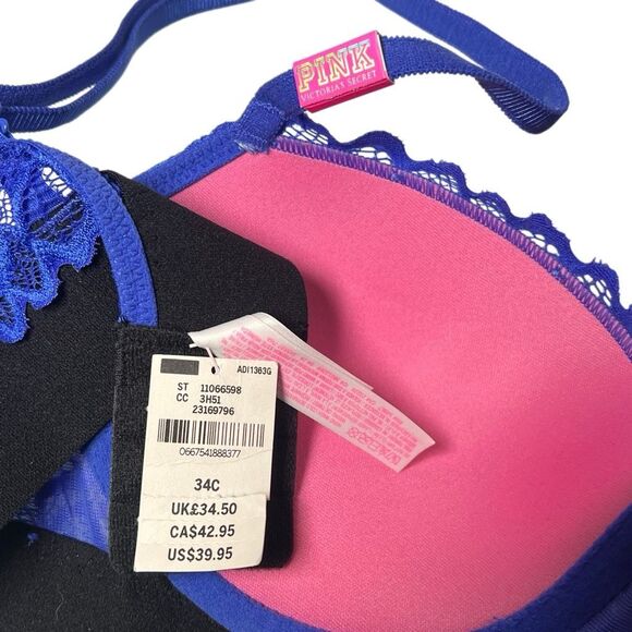 NWT Victoria’s Secret PINK Blue Floral Lace Push Up Bra 34C Black Band Sexy Demi - Picture 7 of 8
